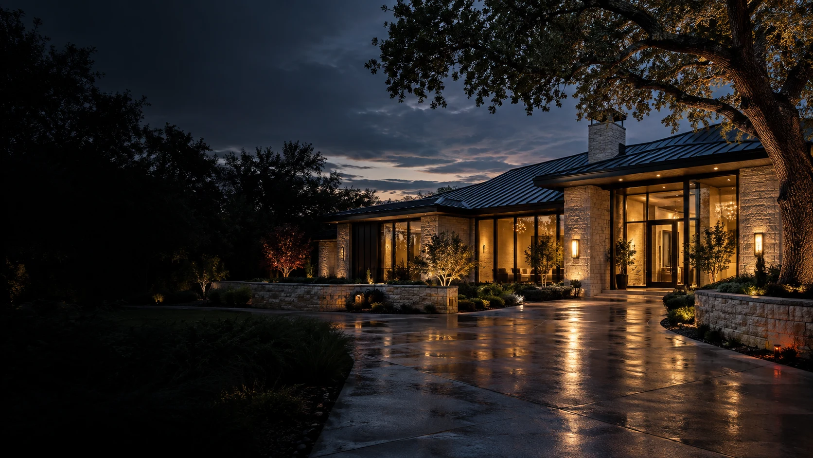 A welcoming contemporary home at dusk